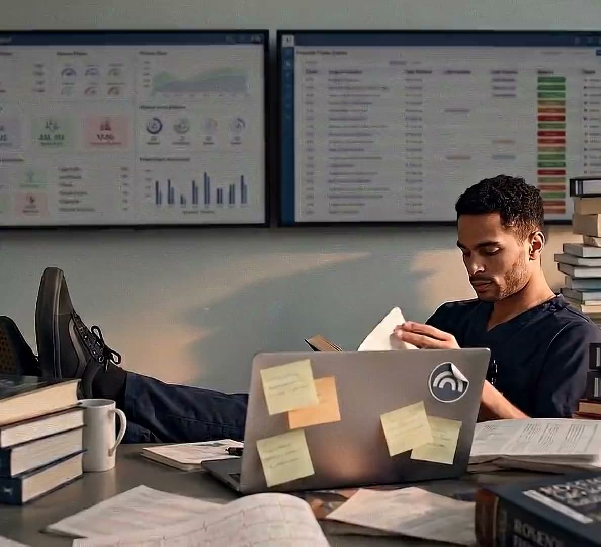 An emergency physician in scrubs leans back at a workstation reading a book, feet up beside stacked reference texts, while patient-tracking boards glow on the wall behind and EKG strips and charts cover the desk.